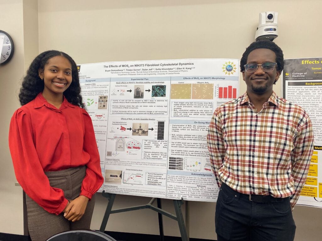 Two people stand beside a scientific poster presentation on cytoskeletal dynamics, smiling for the camera in a conference room.