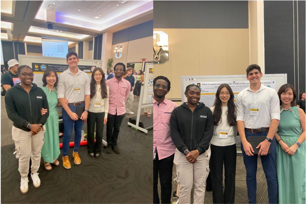 Two photos side by side showing five people standing and posing for a group photo in front of posters at an indoor event or conference.