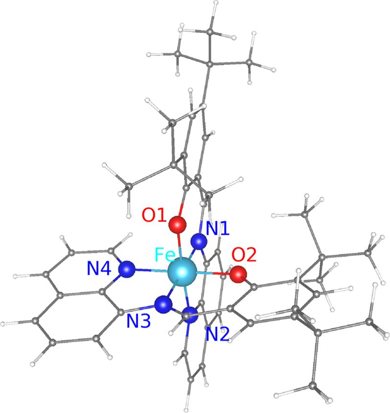 3d molecular structure of an iron complex featuring iron (fe) atom in blue connected to surrounding nitrogen (n) and oxygen (o) atoms, displayed in a lattice-like configuration with stick bonds.