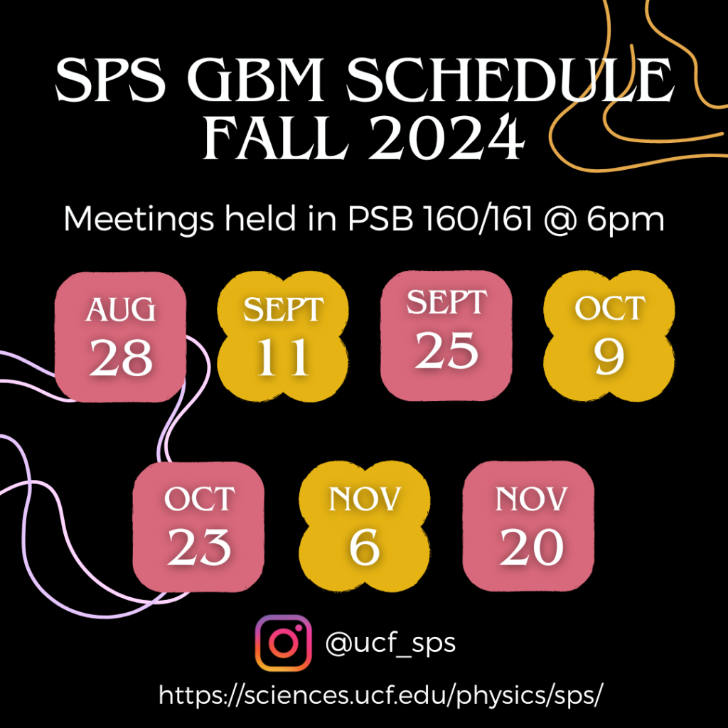 Fall 2064 schedule for sps gbm meetings, with dates and times, presented on a black and pink themed graphic.