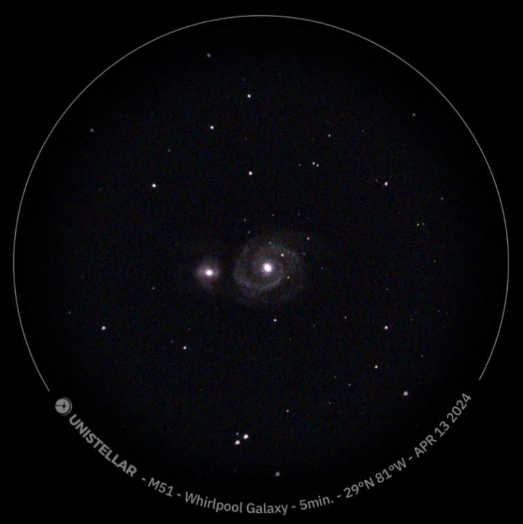 A telescope image of the Whirlpool Galaxy (M51) and its companion galaxy. The image was taken with a 5-minute exposure on April 13, 2024. Stars and galaxies are visible in the background.