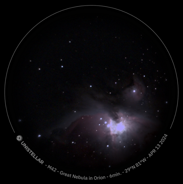 Image of M42, the Great Nebula in Orion, captured by Unistellar on April 13, 2024, showing glowing interstellar gas and stars. The observational coordinates are 29°N 81°W.