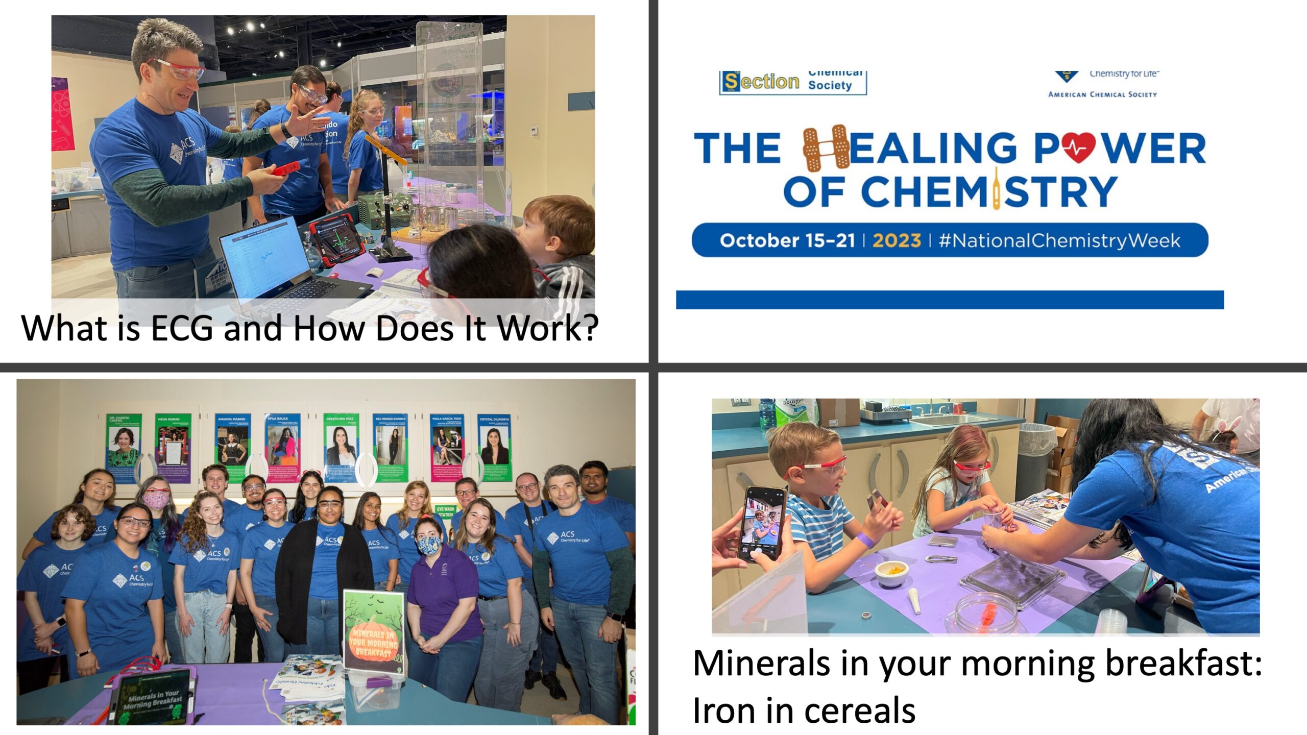 Four images show people presenting science demos, a group photo, and event banners for National Chemistry Week focused on chemistry in health topics.