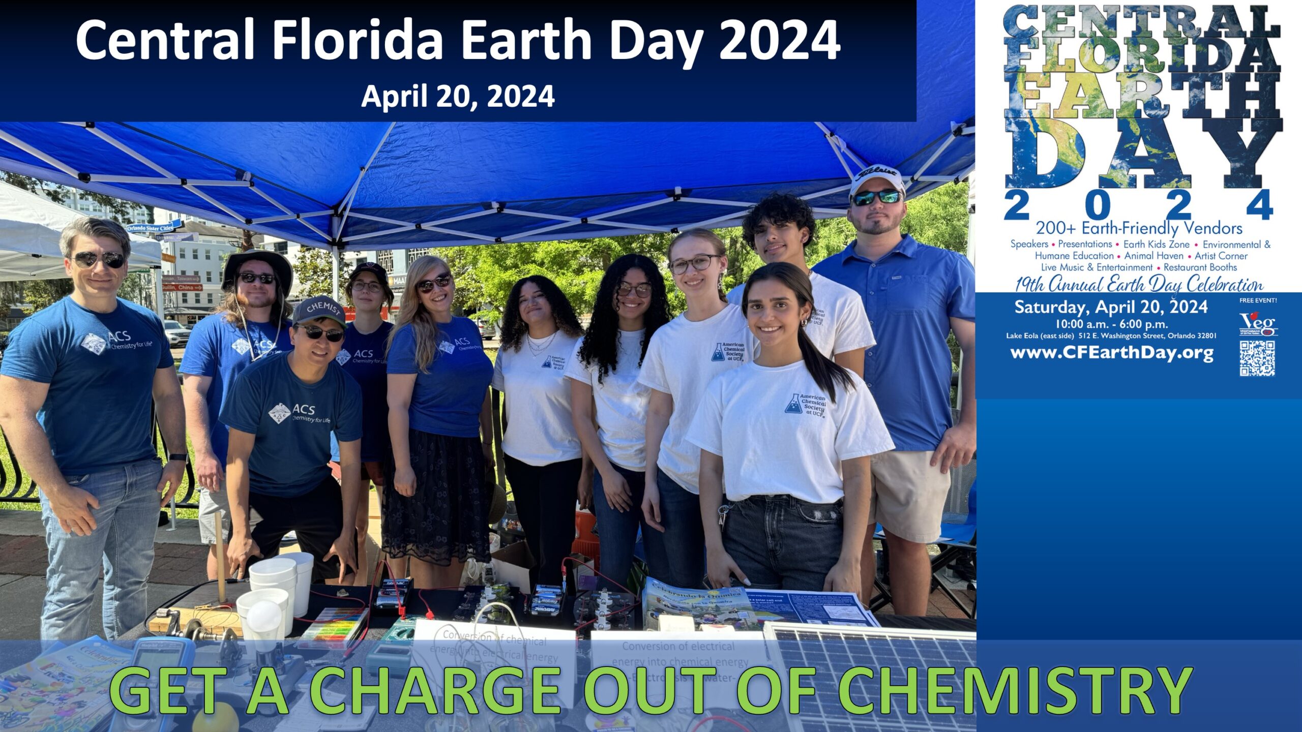 A group of people in ACS shirts stand under a blue tent at Central Florida Earth Day 2024, with a table of science displays. Event details and “Get a Charge Out of Chemistry” text are visible.