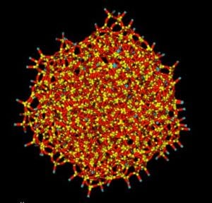 Hydroxylated amorphous SiO2 nanograin used to simulate dissipation and adhesion in collisions between mineral grains.