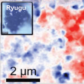Microscopic image showing areas of blue and red coloration with a scale bar labeled 2 micrometers and an inset labeled “Ryugu” displaying a close-up of a blue region.