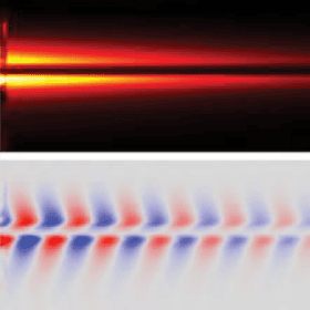 Two horizontal panels: the top shows bright, horizontal light lines on a dark background; the bottom displays a wavy, alternating red and blue pattern on a light background.
