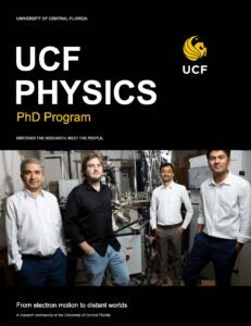 Recruitment poster for the University of Central Florida Physics PhD program, featuring four researchers standing in a laboratory.