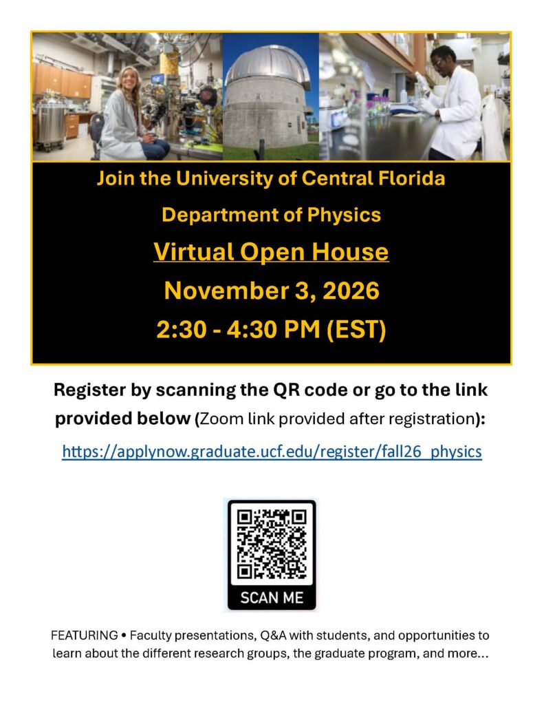 University of Central Florida Department of Physics Virtual Open House, November 3, 2026, 2:30-4:30 PM EST. Includes registration link and QR code.