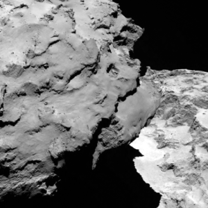 Close-up detail of comet 67P/Churyumov-Gerasimenko. The image was taken by Rosetta’s OSIRIS narrow-angle camera and downloaded today, 6 August. The image shows the comet’s ‘head’ at the left of the frame, which is casting shadow onto the ‘neck’ and ‘body’ to the right. The image was taken from a distance of 120 km and the image resolution is 2.2 metres per pixel. Credit: ESA/Rosetta/MPS for OSIRIS Team MPS/UPD/LAM/IAA/SSO/INTA/UPM/DASP/IDA