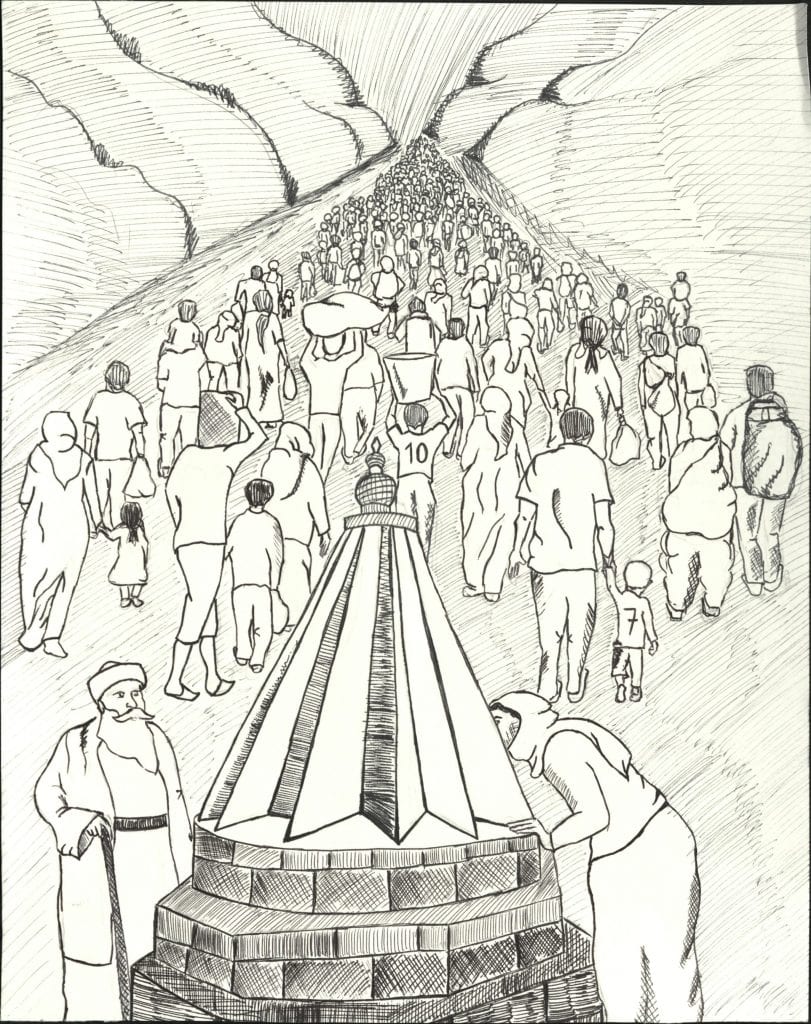 Drawing of the exodus to Sinjar Mountains by Olgu Ergin