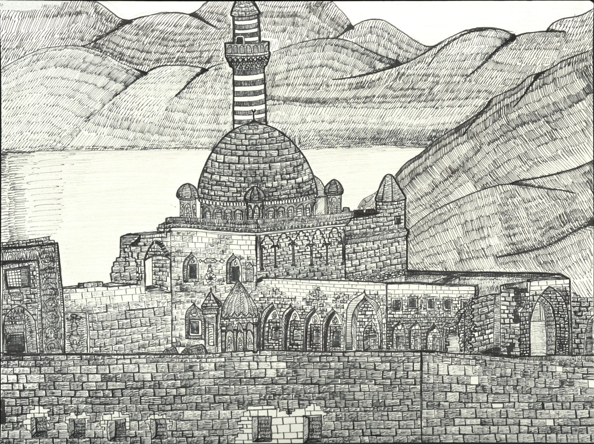 A drawing of a mosque with mountains in the background.