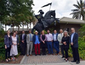 Photo taken in front of the UCF Knight Statue for the American Foreign Policy and Intelligence Conference on April 21, 2022. Speakers (from Left to Right) Kelsey Larsen, Emma Ashford, David Oakley, Morgan Kaplan, Stephen Coulthart, Güneş Murat Tezcür, Monica Duffy Toft, Andrew Boutton, Jonathan Powell, Sandor Fabian, Jennifer Brick Murtazashvili, Michael Mousseau.