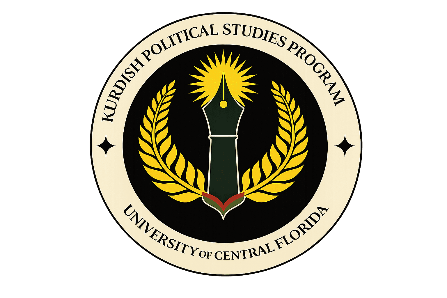 Seal for the Kurdish Political Studies Program at University of Central Florida, featuring a pen, sun, and laurel branches within a circular border.