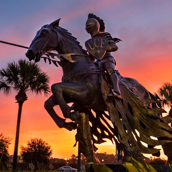 Alumni statue of knight on horse