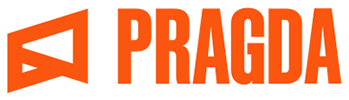 Logo with an orange arrow pointing right, followed by the text "PRAGDA" in bold, uppercase orange letters.