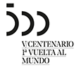 Logo with three stylized black "C" shapes and the text "V Centenario 1ª Vuelta al Mundo" in black below.