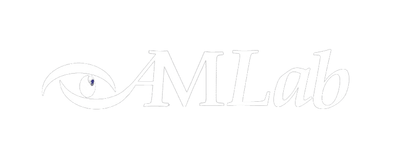 The image shows the AMLab logo featuring the word "AMLab" in a stylized font. The letter 'A' incorporates a design of an eye. The design is white on a green background.