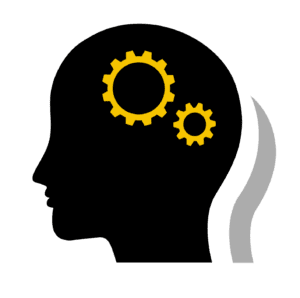 Silhouette of a head with two yellow gears inside, symbolizing thinking or processing.