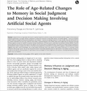 Screenshot of a research article titled "The Role of Age-Related Changes to Memory in Social Judgment and Decision Making Involving Artificial Social Agents" by Shensheng Wang and Nichole R. Lighthall.