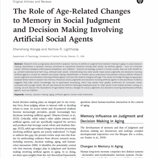 Screenshot of a research article titled "The Role of Age-Related Changes to Memory in Social Judgment and Decision Making Involving Artificial Social Agents" by Shensheng Wang and Nichole R. Lighthall.
