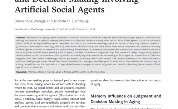 Screenshot of a research article titled "The Role of Age-Related Changes to Memory in Social Judgment and Decision Making Involving Artificial Social Agents" by Shensheng Wang and Nichole R. Lighthall.