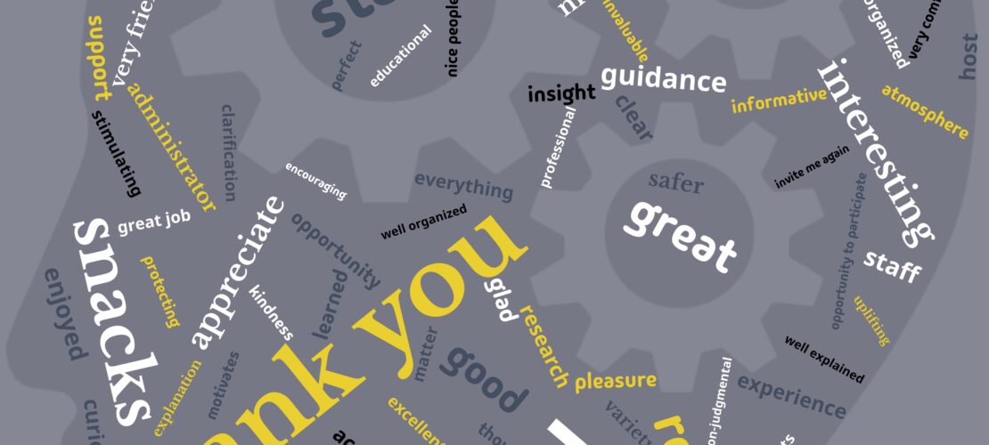 A word cloud in the shape of a head displays feedback words like "friendly," "thank you," "helpful," "staff," "snacks," and "researcher" in various grey and yellow fonts.