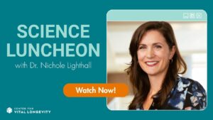 Promotional graphic for Science Luncheon with Dr. Nichole Lighthall, featuring her portrait, event title, and a "Watch Now!" button.