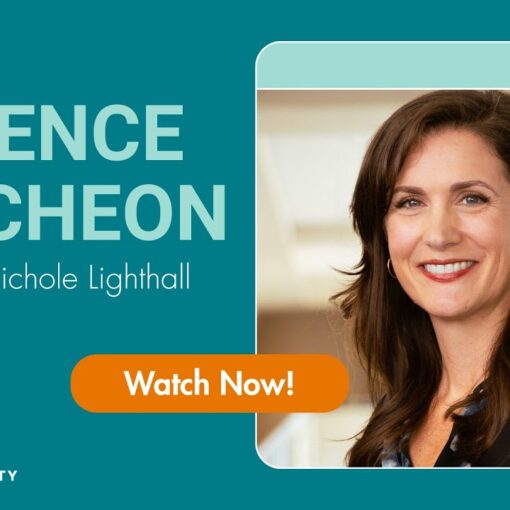 Promotional graphic for Science Luncheon with Dr. Nichole Lighthall, featuring her portrait, event title, and a "Watch Now!" button.