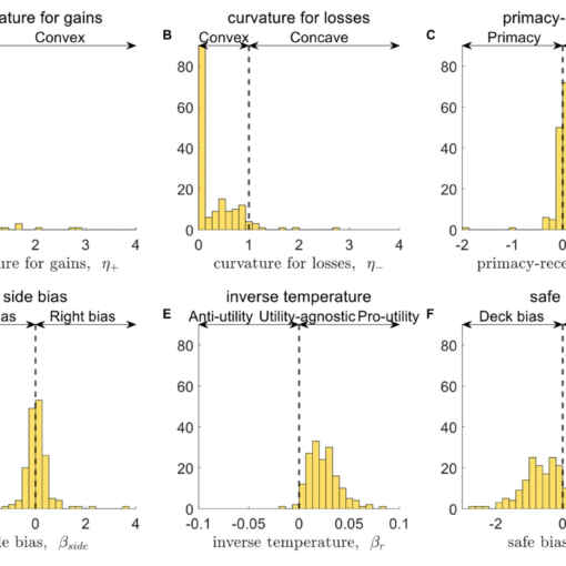 Six bar graphs showing distributions of participants by various decision-making parameters: curvature for gains/losses, primacy-recency, side bias, inverse temperature, and safe bias.