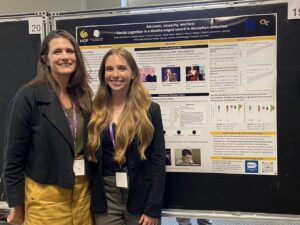 Two women stand in front of a scientific poster presentation on social cognition and deception detection at a conference.