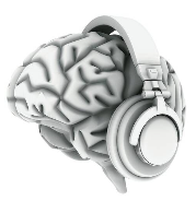 A gray brain model wearing white over-ear headphones.