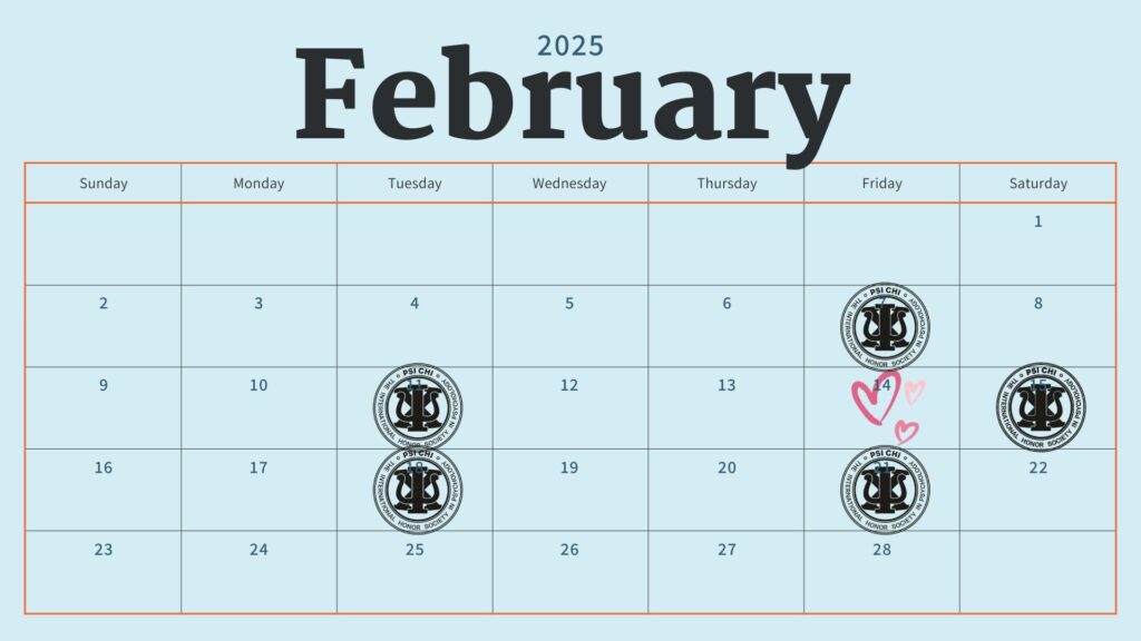 A 2025 February calendar with stamps on February 3, 10, 14, 17, 24, and 28. The 14th has pink hearts drawn around the stamp.