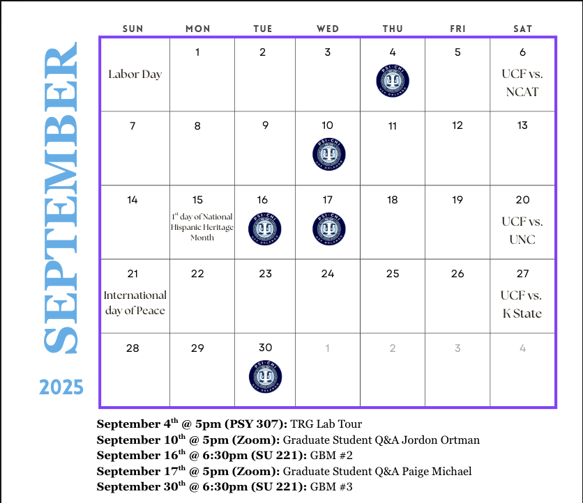 September 2025 calendar with university events, national holidays, and meeting dates; includes text listing additional events scheduled for September.
