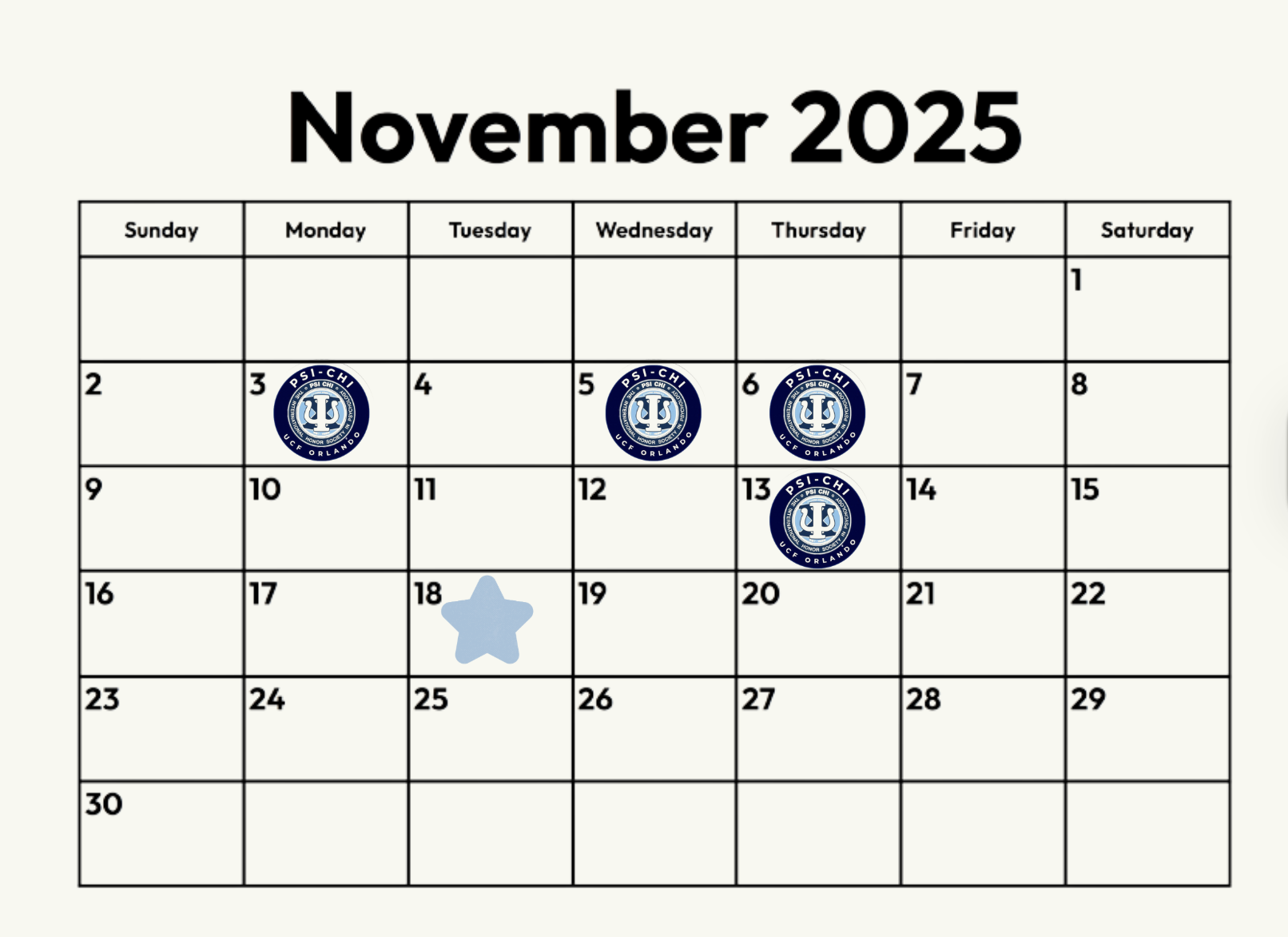 A November 2025 calendar with club logos on November 3, 12, and 19, and a blue star marking November 18.