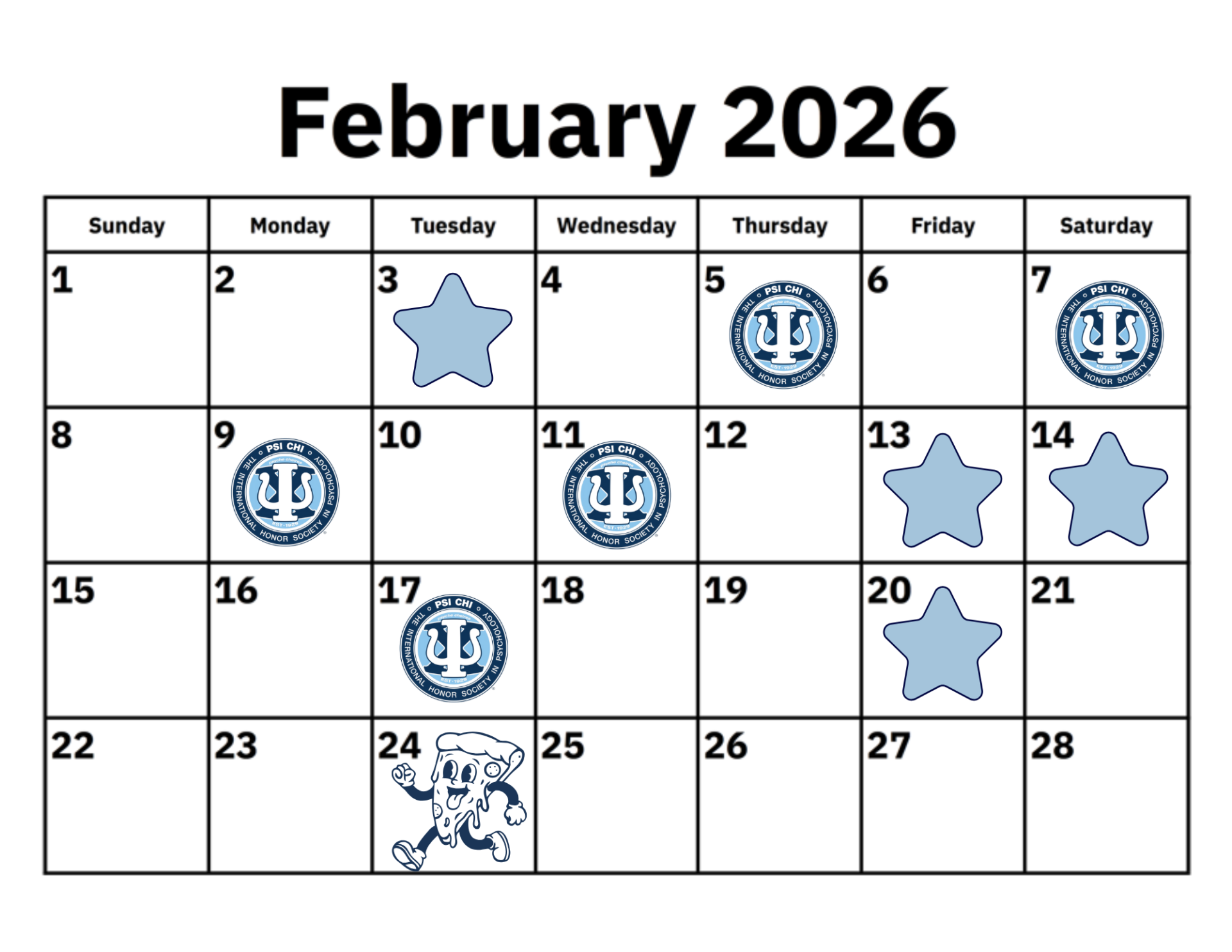 A February 2026 calendar with blue star icons on the 3rd, 7th, 14th, 21st, and 28th, blue circle emblems on the 5th, 12th, and 19th, and a pizza cartoon on the 24th.