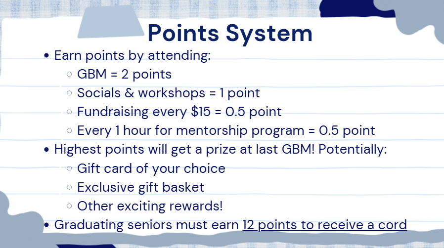 Slide explains a points system for events, workshops, fundraising, and mentorships; seniors need 12 points for a cord, and top earners get prizes like gift cards and exclusive rewards.