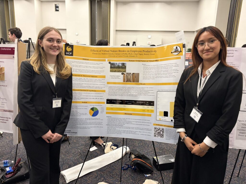 Two women in business attire stand in front of a research poster titled "Effects of Visual Nature Breaks on Employee Productivity" at a conference or academic event.