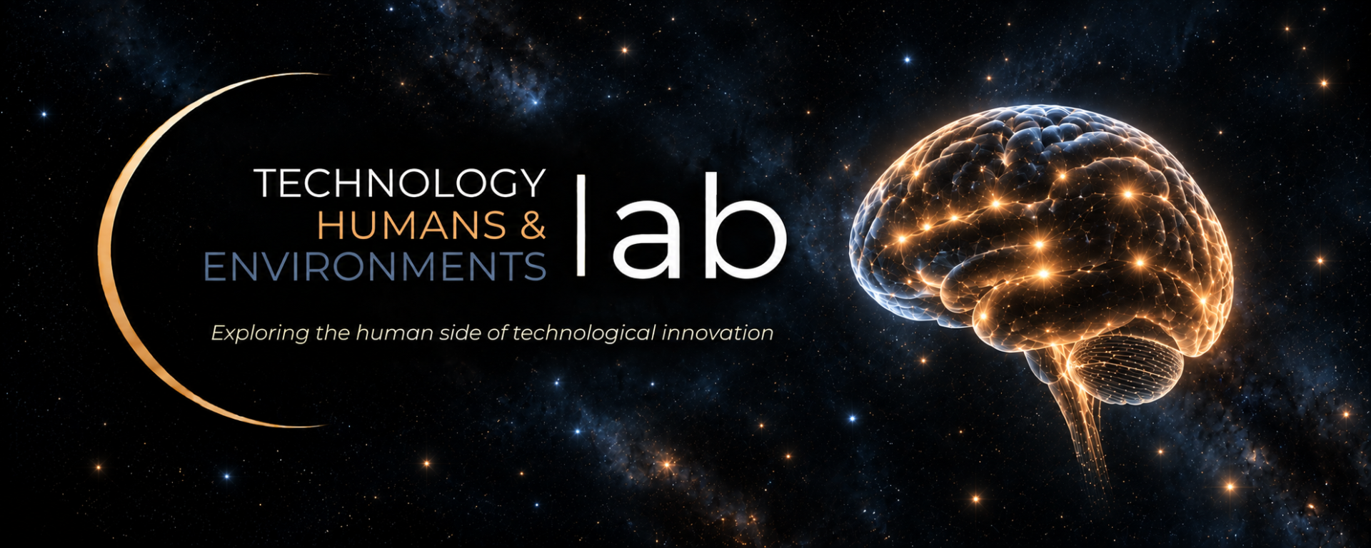 A glowing brain floats in space beside the text “Technology Humans & Environments Lab—Exploring the human side of technological innovation.” Stars scatter across the dark background.