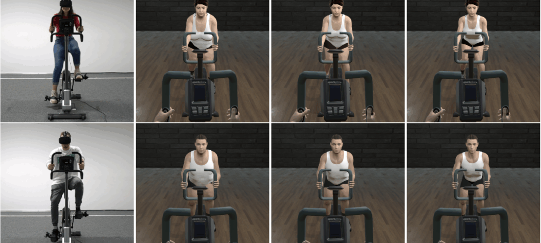 Eight-panel image showing two individuals, each using a stationary bike, with various first-person views of each person cycling in a gym-like setting.