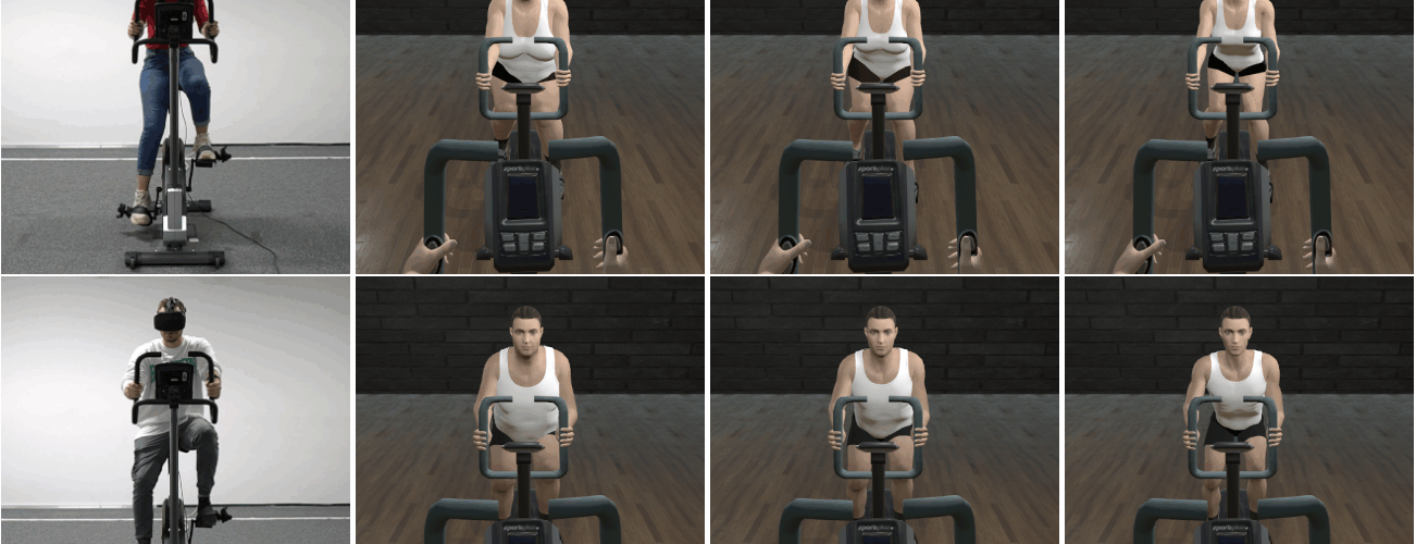 Eight-panel image showing two individuals, each using a stationary bike, with various first-person views of each person cycling in a gym-like setting.