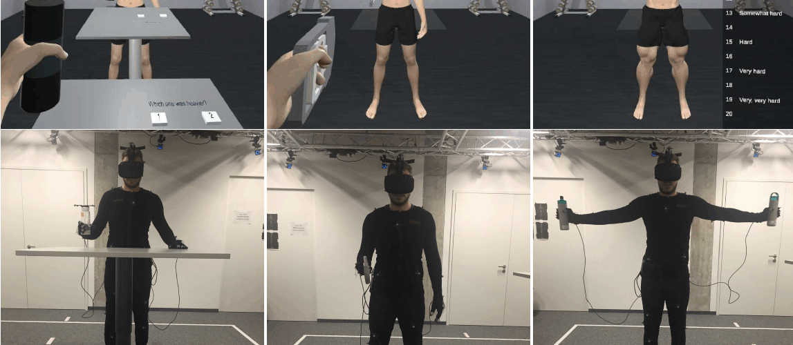 Six images show a person in a lab wearing motion capture gear and VR headset, holding devices, with corresponding digital avatars displayed in different poses on a screen.