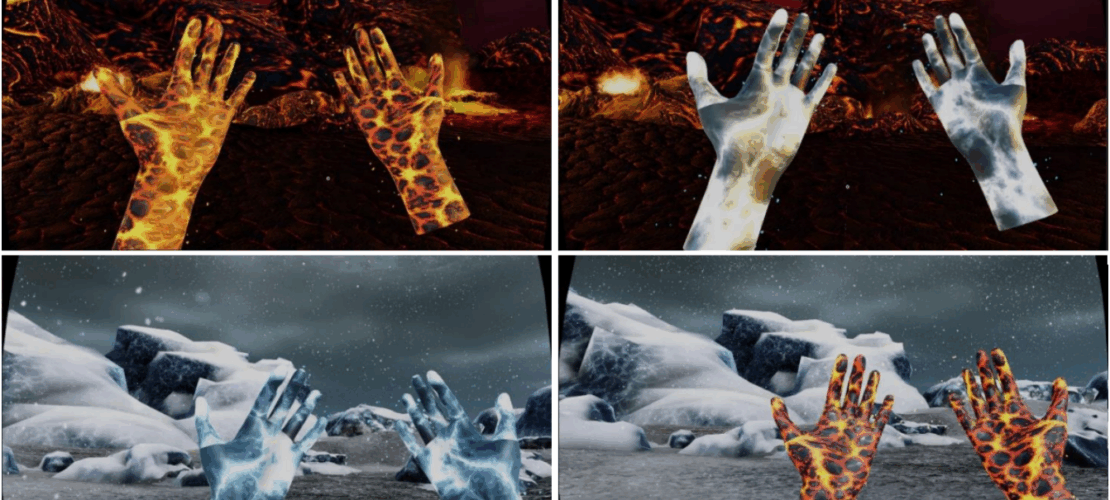 A split image shows virtual hands made of fire and ice in volcanic and snowy landscapes, with both fire and ice hands appearing in each environment.