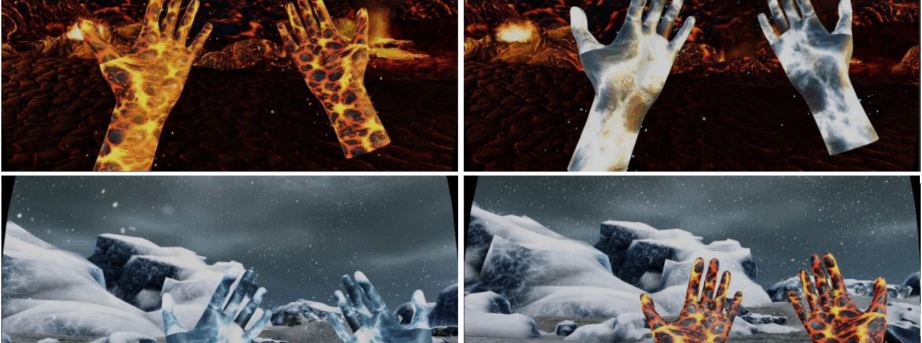 A split image shows virtual hands made of fire and ice in volcanic and snowy landscapes, with both fire and ice hands appearing in each environment.