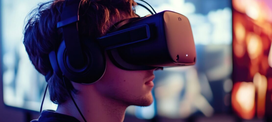 A person wearing a virtual reality headset and headphones sits in front of several blurred screens in a dimly lit room.