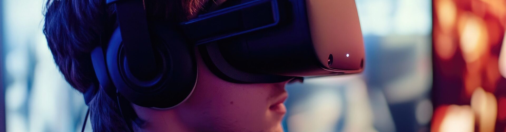 A person wearing a virtual reality headset and headphones sits in front of several blurred screens in a dimly lit room.
