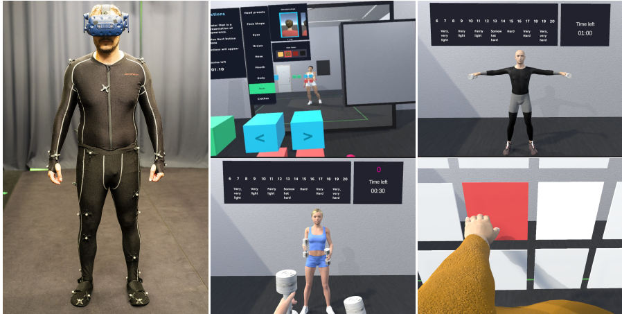 A person in a motion capture suit and VR headset stands in a studio; adjacent images show virtual avatars and VR interfaces during simulation tasks.