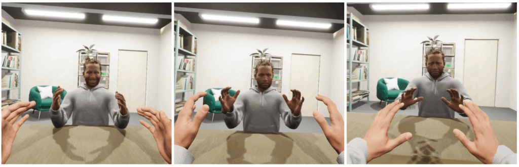 Three-panel image showing a virtual reality simulation of a person sitting at a desk, as virtual hands—representing lab members—reach toward the person from a first-person perspective.