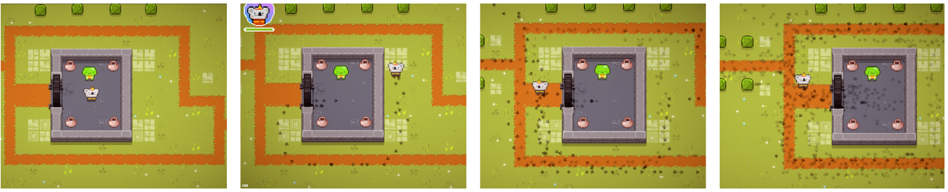 A pixel art koala character navigates a maze-like path, leaving a trail behind as it circles a central platform in a grassy environment with blocks and orange ground.