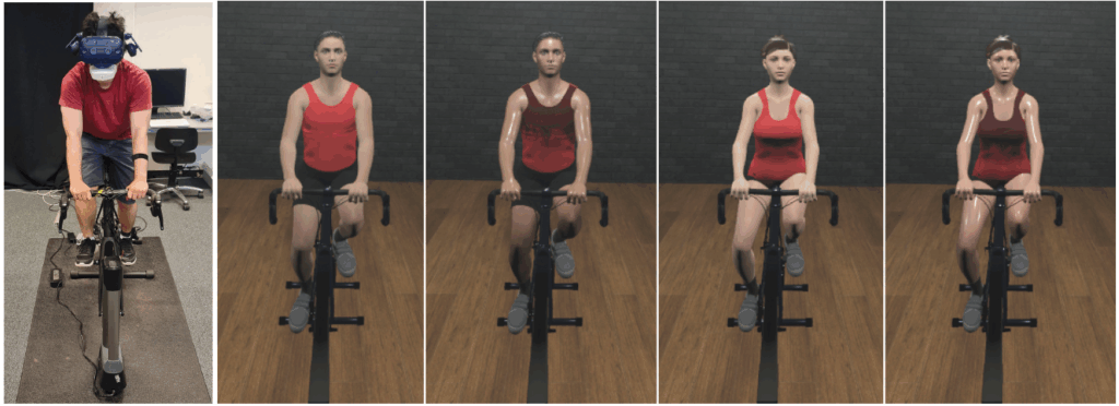 A person on a stationary bike wearing a VR headset is shown left; four virtual avatars of a person biking are shown right, each with different body shapes, facing forward.